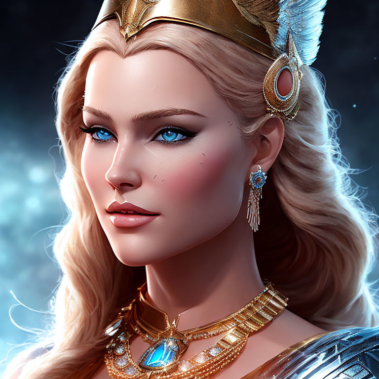 Portrait of woman with blue eyes, blonde hair, crown, armor, against starry backdrop