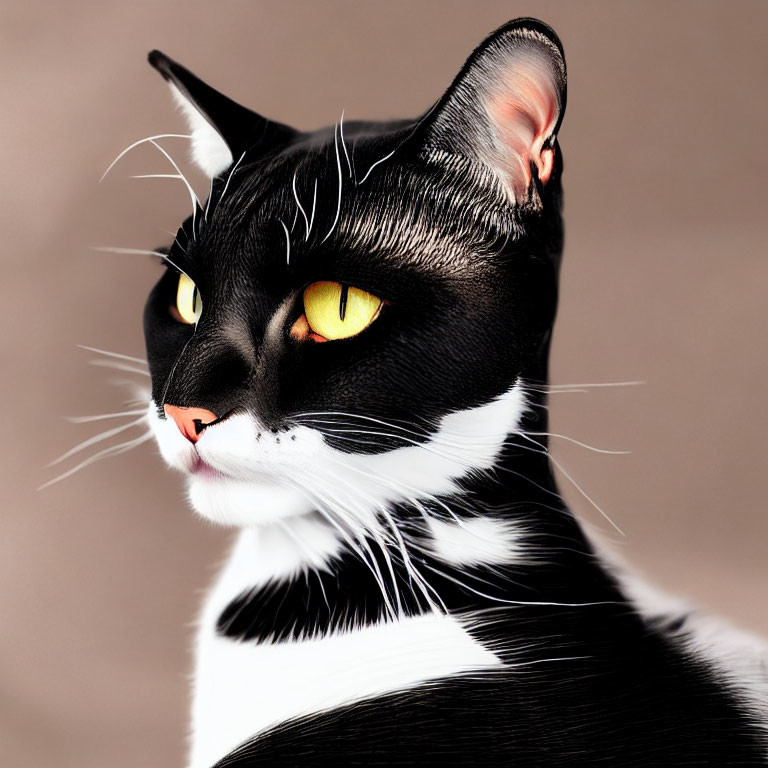 Black and White Cat with Yellow Eyes and Whiskers