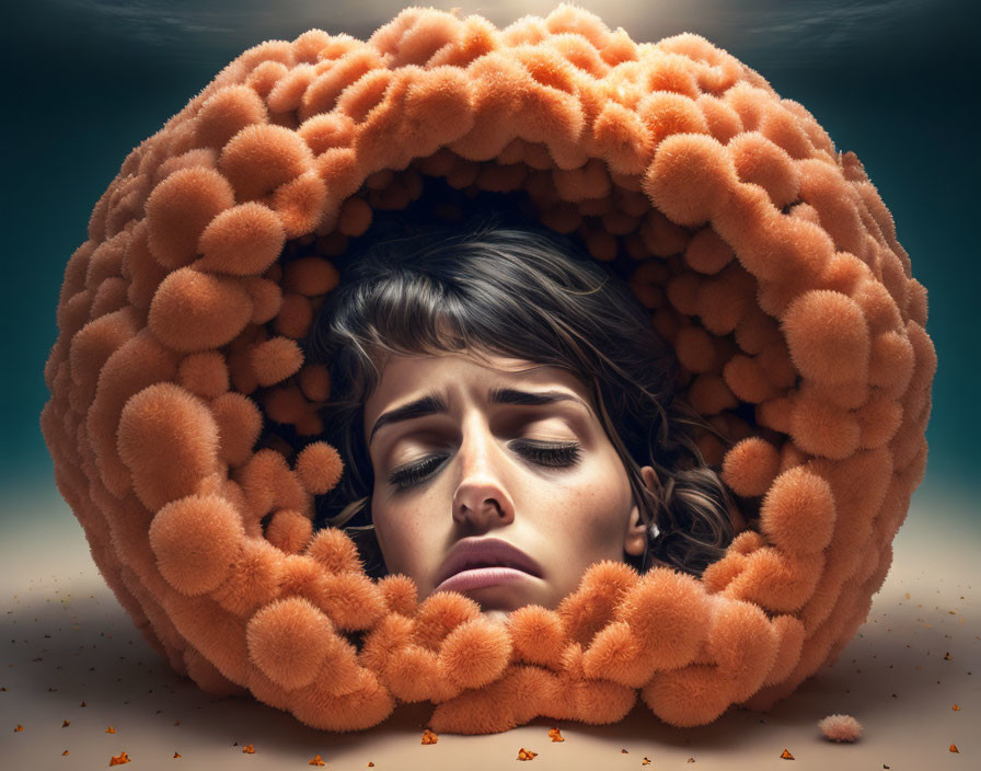 Woman's head framed by fluffy orange pom-poms on moody backdrop