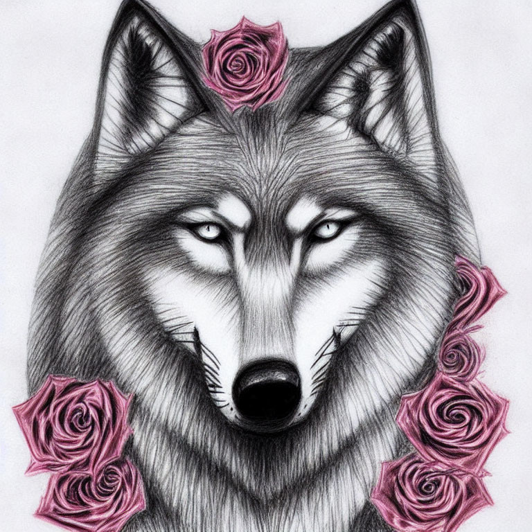 Detailed Wolf Face Sketch with Pink Roses in Fur: Intense Eyes & Fur Texture