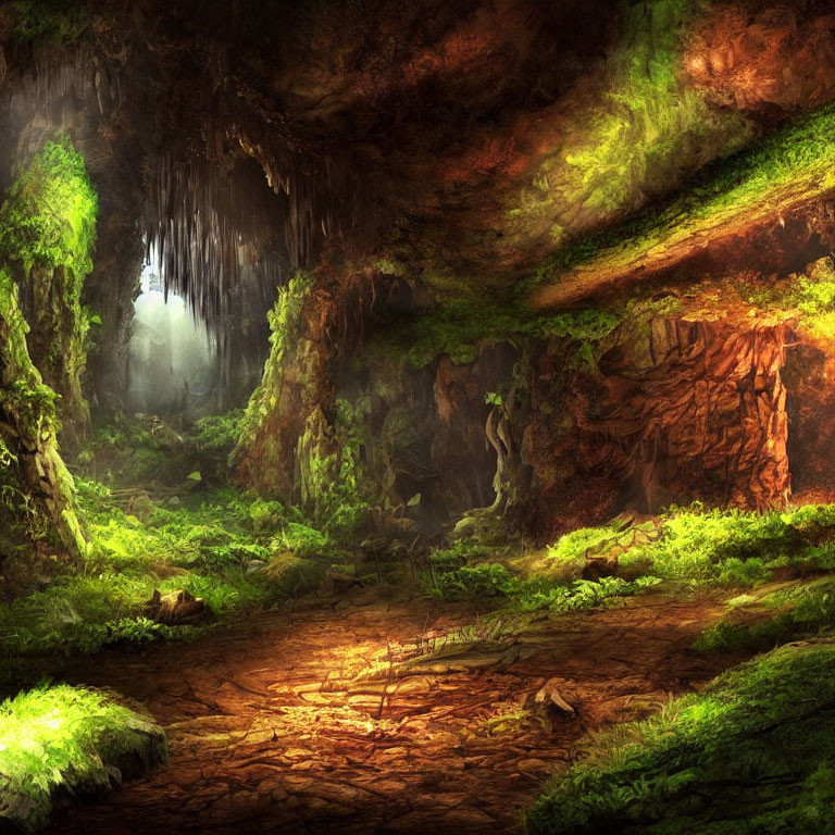 Sunlit vibrant cave with green moss and hanging stalactites