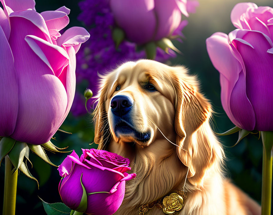 Golden retriever surrounded by purple tulips and sniffing a rose in sunlight