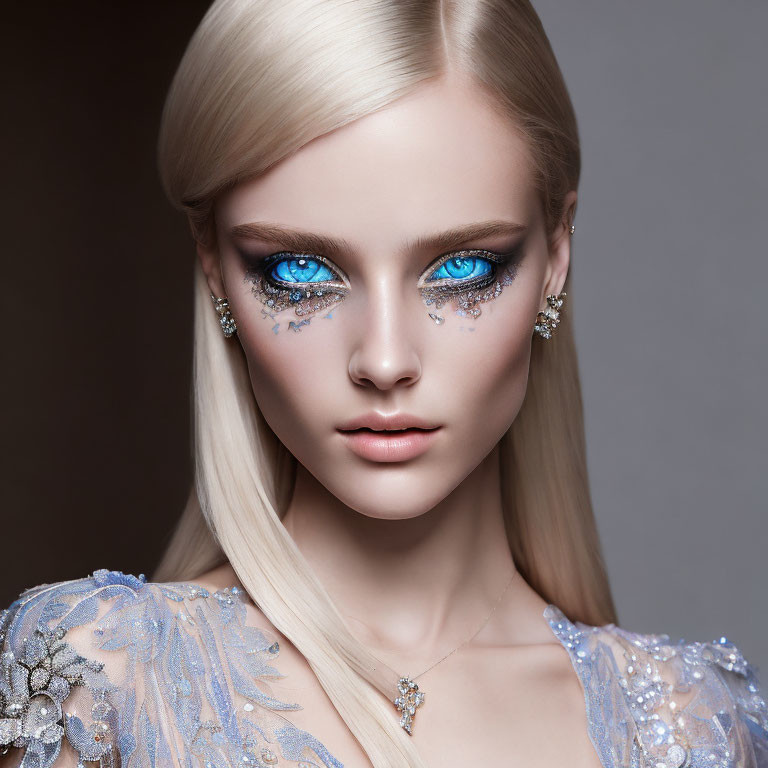 Woman with Striking Blue Eyes and Silver Gemstone Makeup in Lace Blue Gown