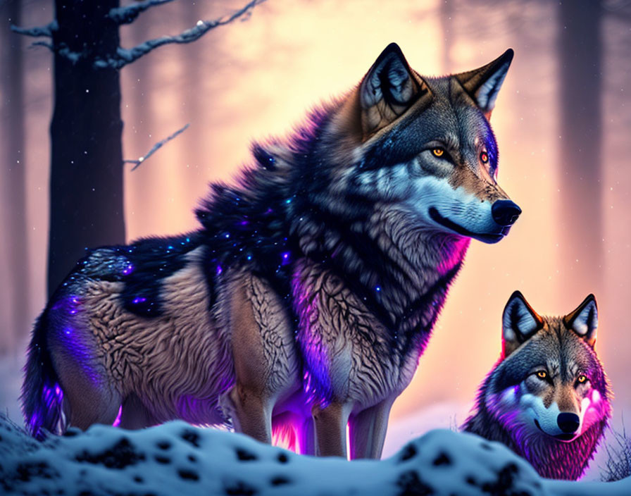 Stylized wolves with glowing markings in snow-covered forest at dusk