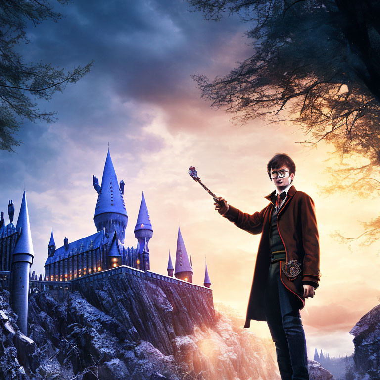 Young wizard with wand at magical castle at dusk