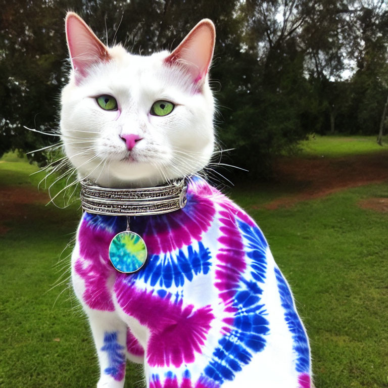 White Cat in Tie-Dye Shirt and Choker with Green Eyes on Grass Background