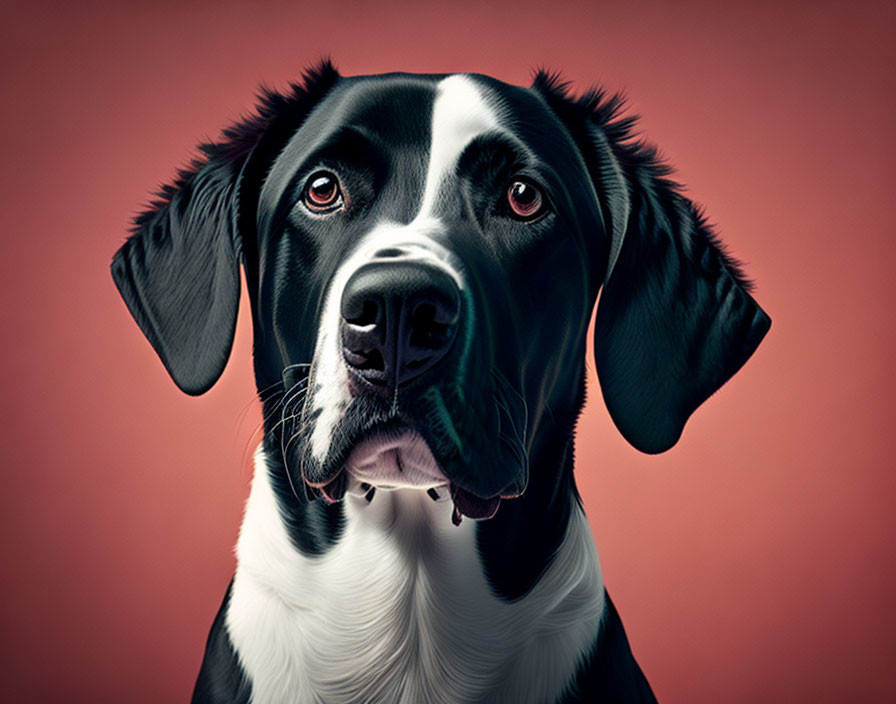 Black and white dog with floppy ears and soulful eyes on red background