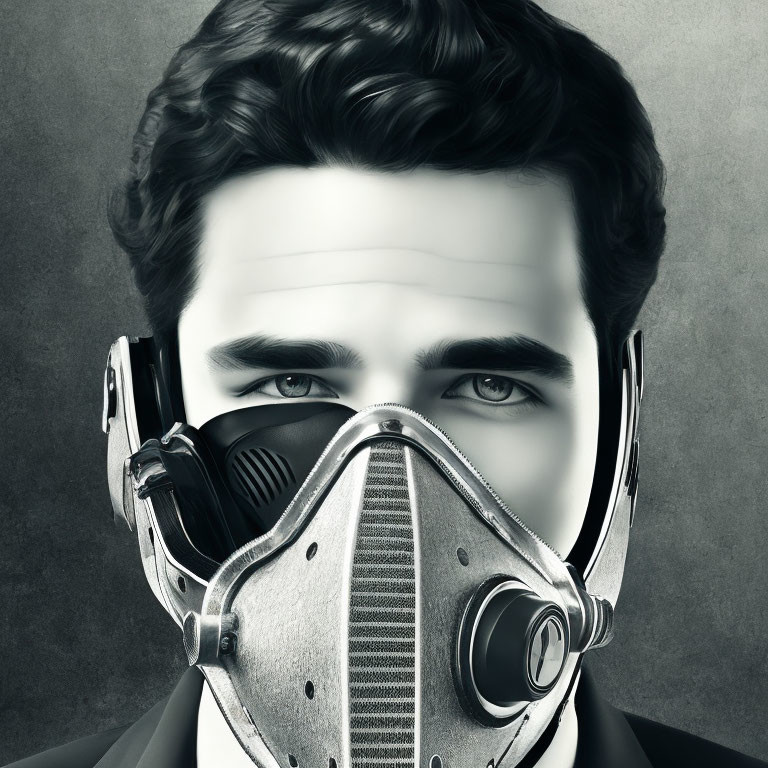 Dark-haired man in metallic respiratory mask with blue eyes on grey background