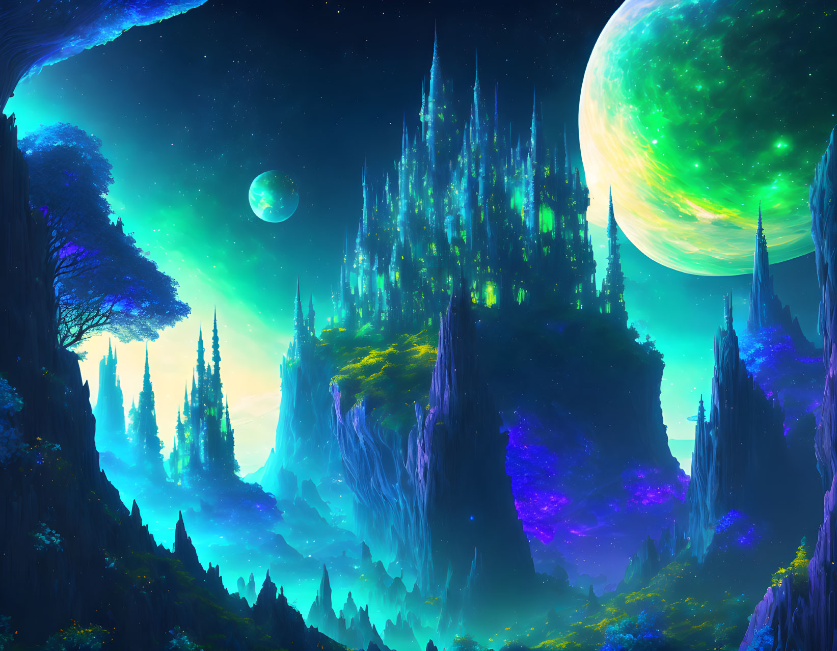 Fantasy landscape at night with luminous flora, towering spires, and two large moons