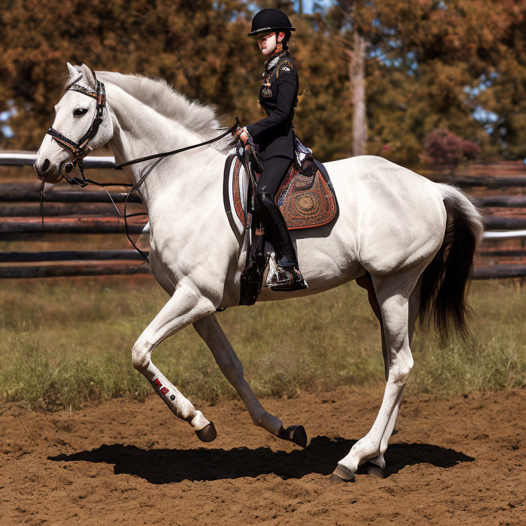 Equestrian rider in formal attire on white horse trotting in sandy arena