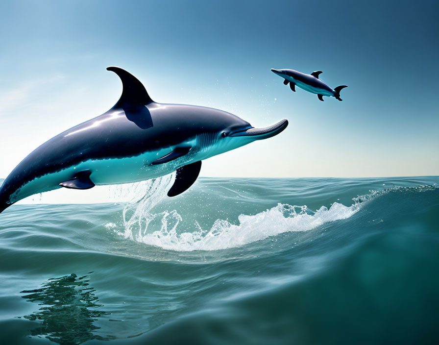 Graceful dolphins leaping over ocean waves in clear blue sky