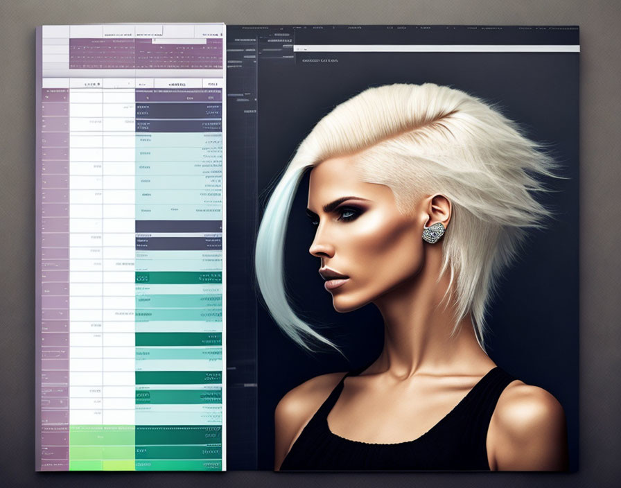 Stylized woman with platinum blonde hair next to project management interface with Gantt chart