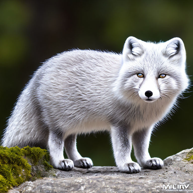 Silver-Furred Fox with Piercing Eyes on Moss-Covered Rock