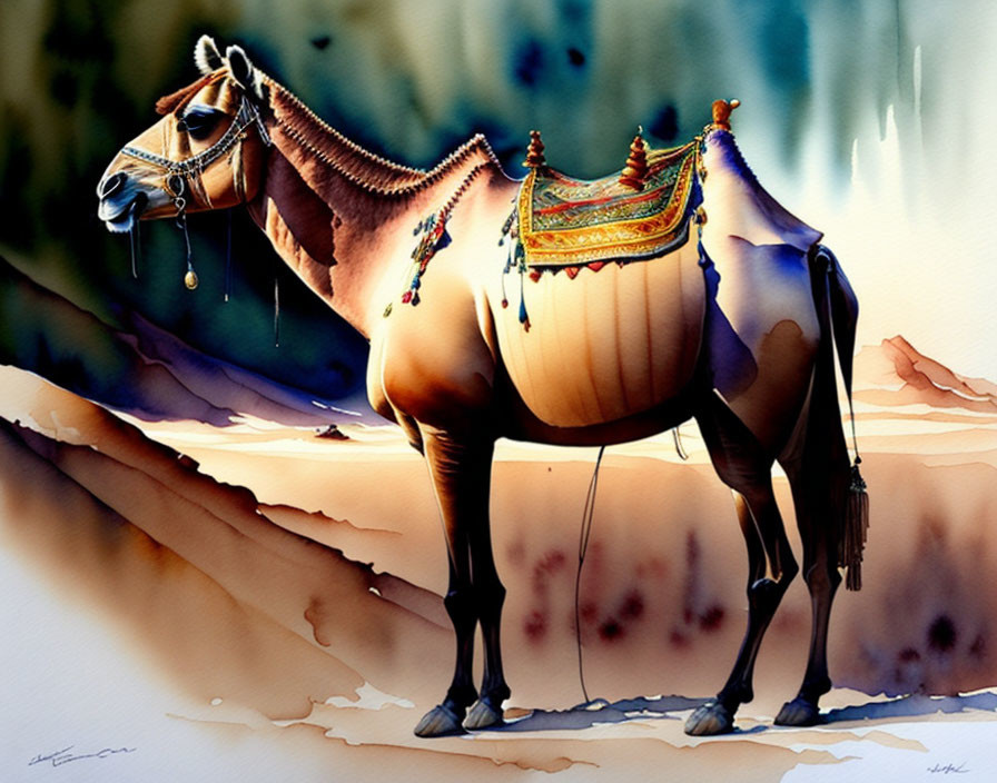 Colorful Camel with Saddle in Watercolor Desert Scene