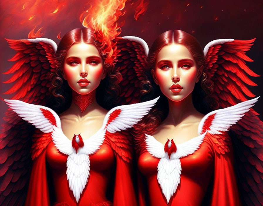 Symmetrical fantasy figures with fiery red wings in a red backdrop