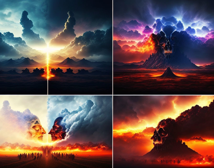 Composite Images: Vivid Sky Dramas with Surreal Elements Over Mountains