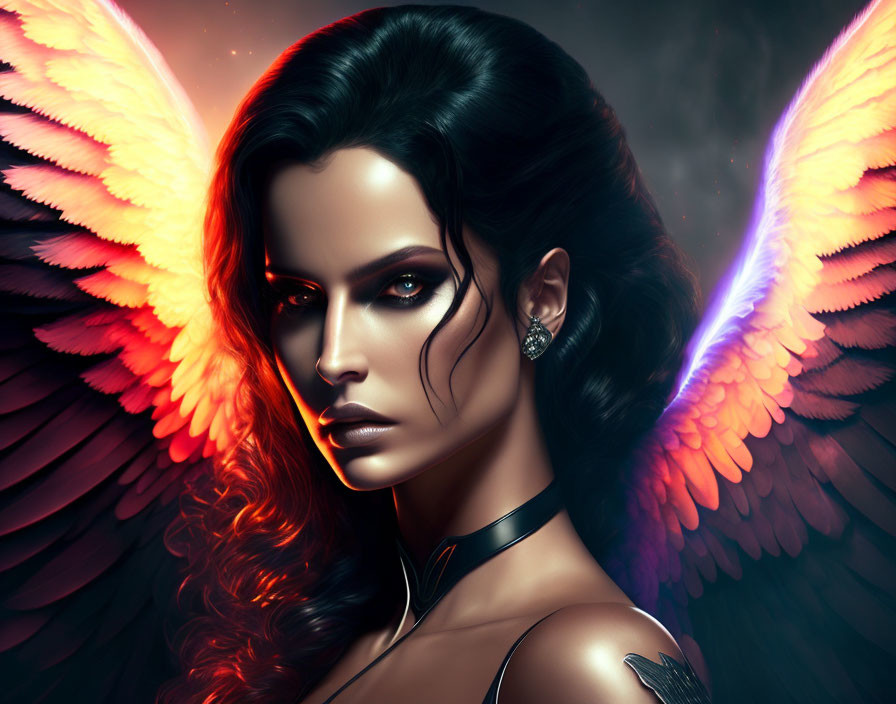 Multicolored winged woman with dark hair and choker portrait