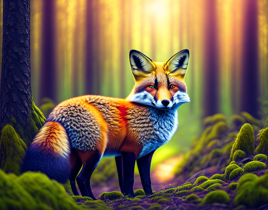 Colorful Fox in Enchanted Forest with Sun Rays Filtering Through Trees