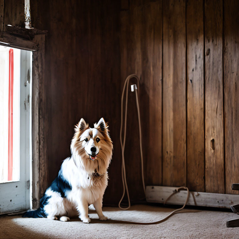 Tricolor fluffy dog indoors by sunny window and wooden wall