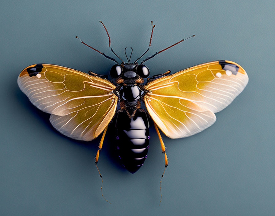 Mechanical butterfly insect with intricate wings on blue background