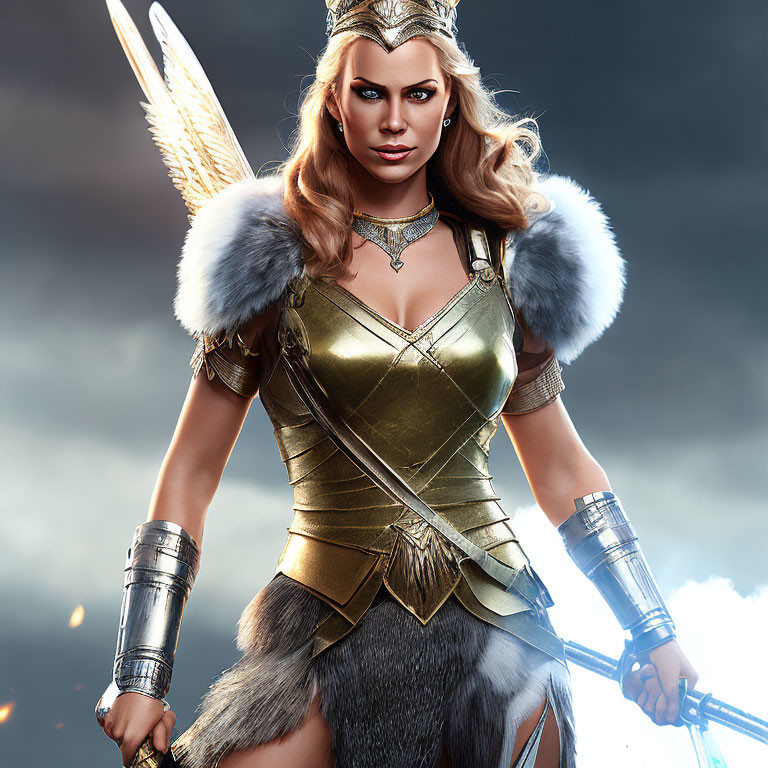 Warrior woman in golden armor with sword under dramatic sky