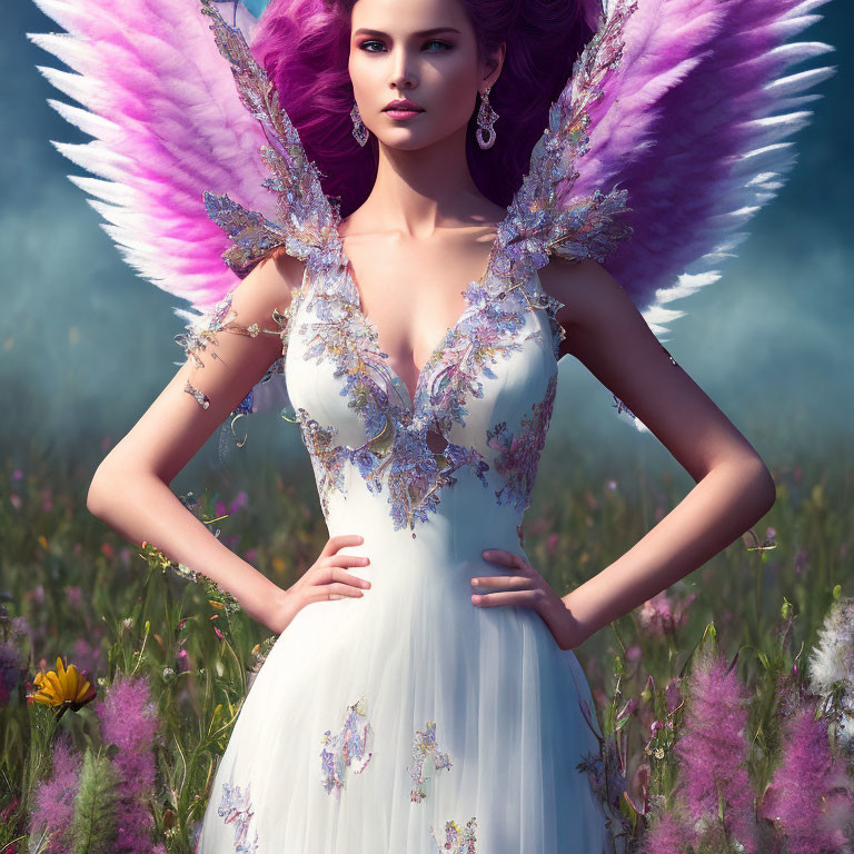 Woman with Violet-Tinted Wings in White Dress Surrounded by Purple Wildflowers