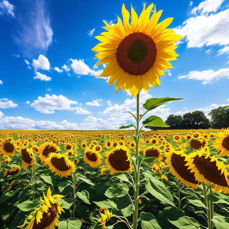 Field of sunflowers under blue sky with one towering above