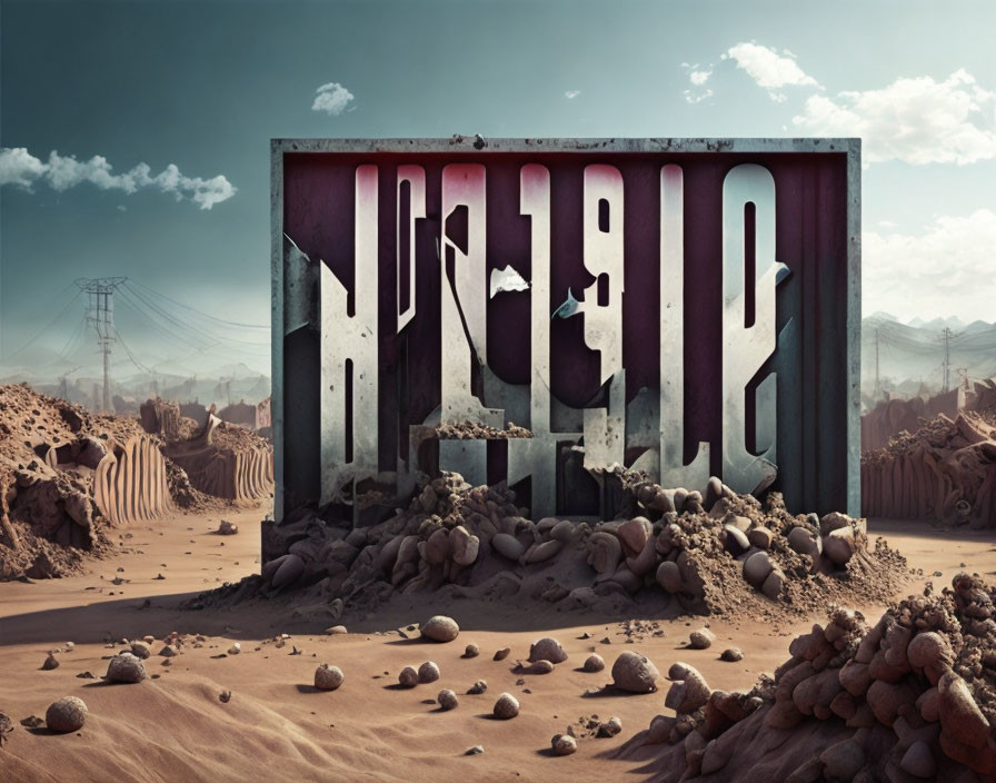 3D illustration of crumbling "HOPE" in desert landscape