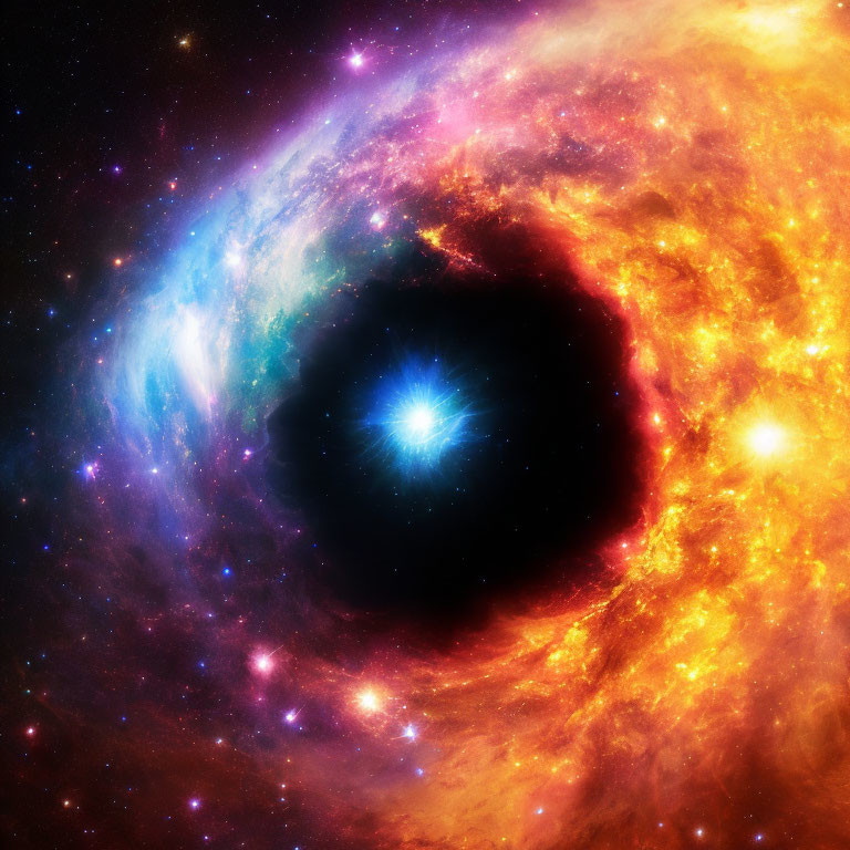 Colorful cosmic scene with blue star and black hole amidst swirling interstellar clouds