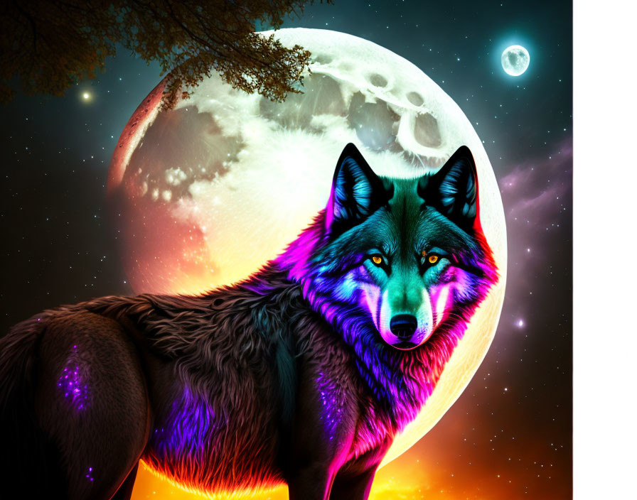 Colorful Wolf Art Against Moonlit Sky