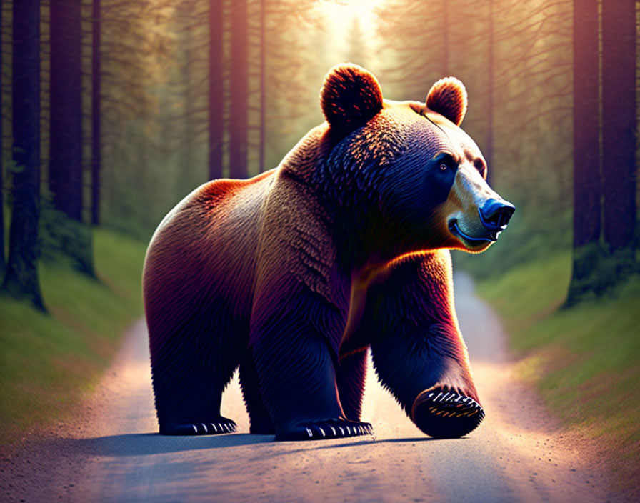 Bear standing in forest road at sunset with streaming light rays