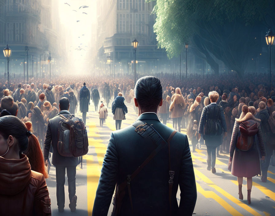 Person observing crowded crosswalk in golden light.