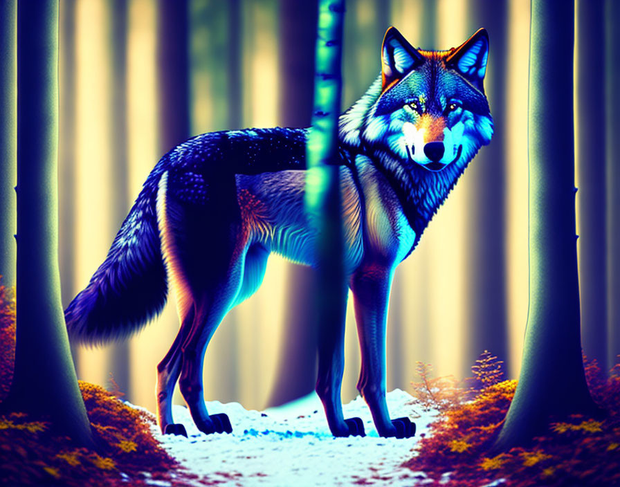 Colorful Wolf in Neon Forest: Vibrant blue and purple hues illuminate the mystical scene.