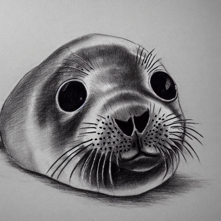 Realistic pencil drawing of a seal's expressive eyes and whiskered snout with shading techniques.