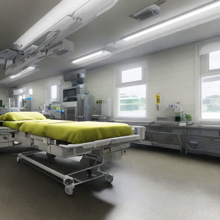 Empty modern hospital room with medical equipment and bright lighting