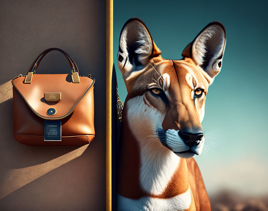 Surreal image of fox with large ears next to leather handbag