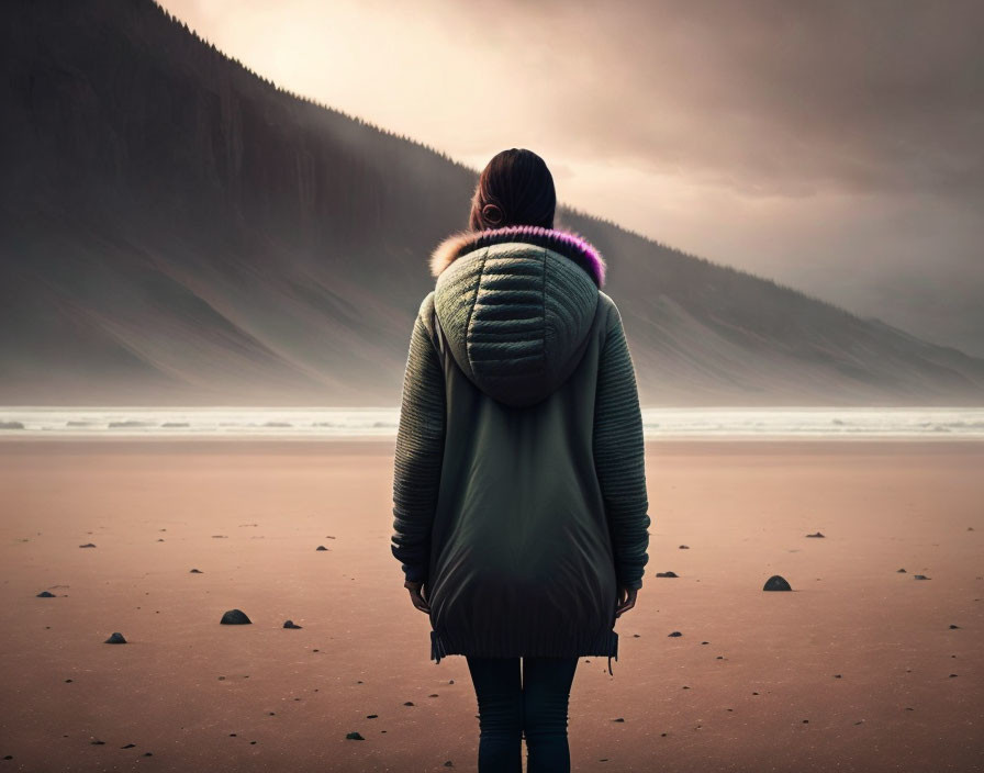 Person in winter coat on sandy beach with moody sky and towering cliffs