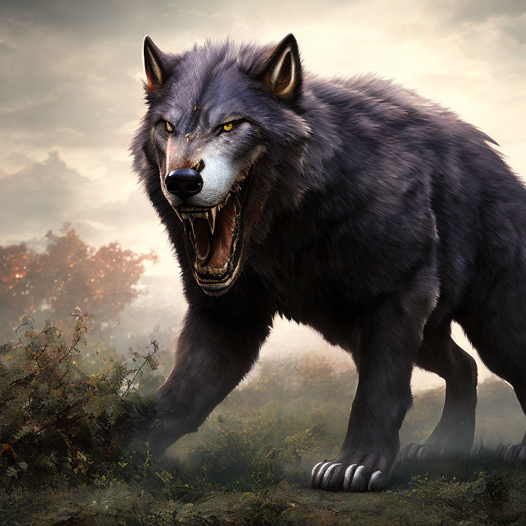 Majestic wolf with glowing yellow eyes in misty forest.