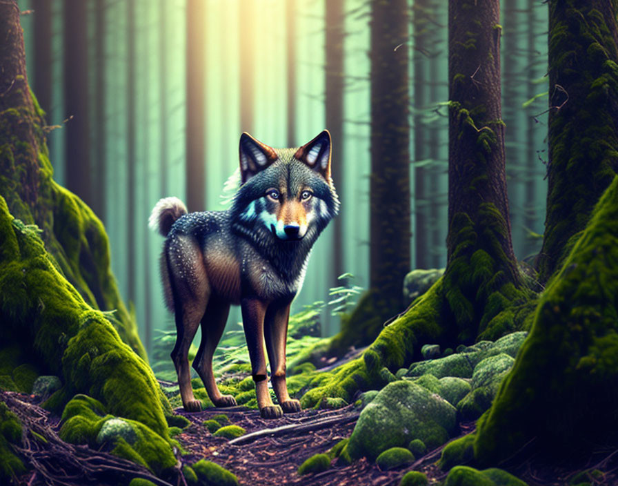 Wolf in forest with moss-covered rocks and trees under sunbeams