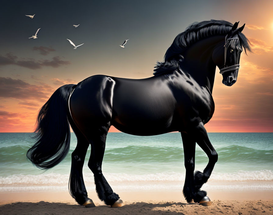 Black horse on sandy beach at sunset with flying seagulls