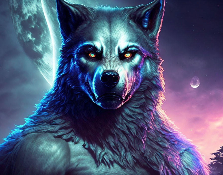 Fierce wolf with glowing red eyes under night sky