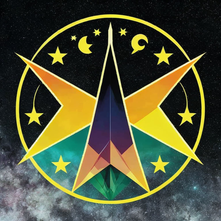 Colorful Geometric Compass Rose with Stars and Moons on Starry Night Sky Background