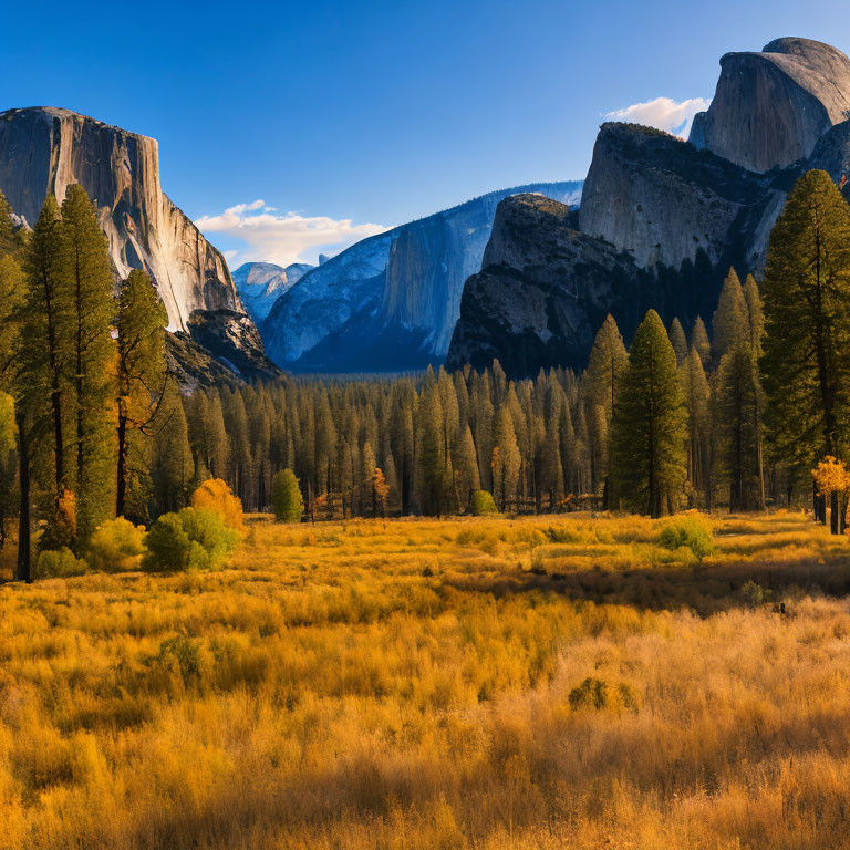 Yosemite Valley View with El Capitan, Pine Trees, and Meadow