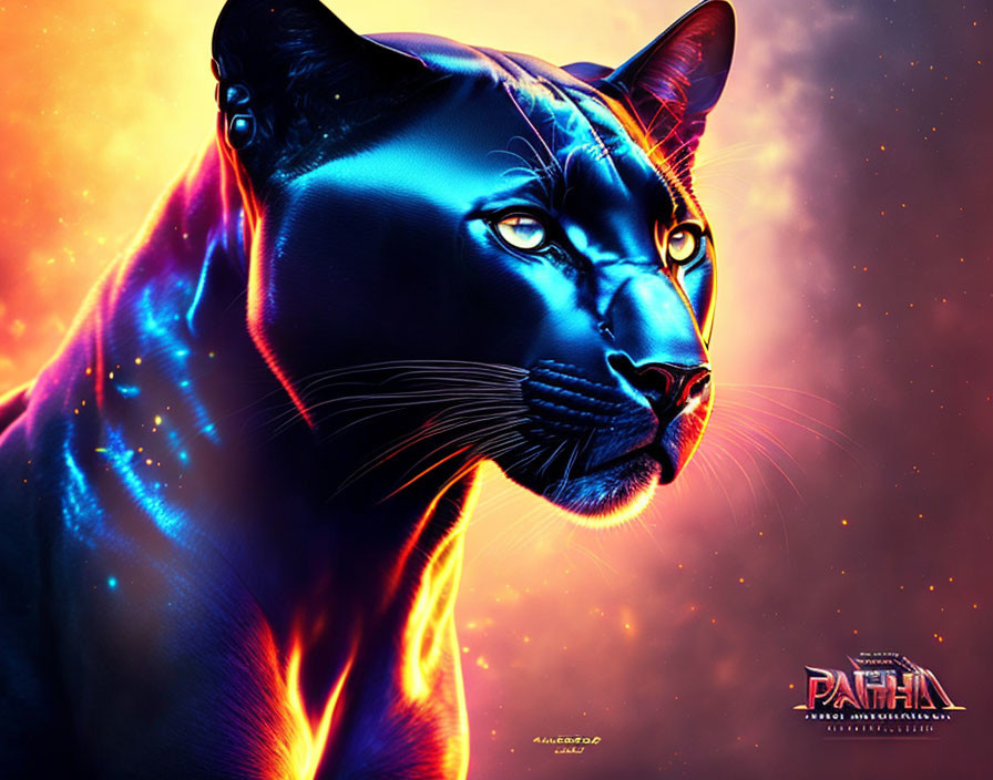 Digital Art: Black Panther with Neon Highlights on Cosmic Background