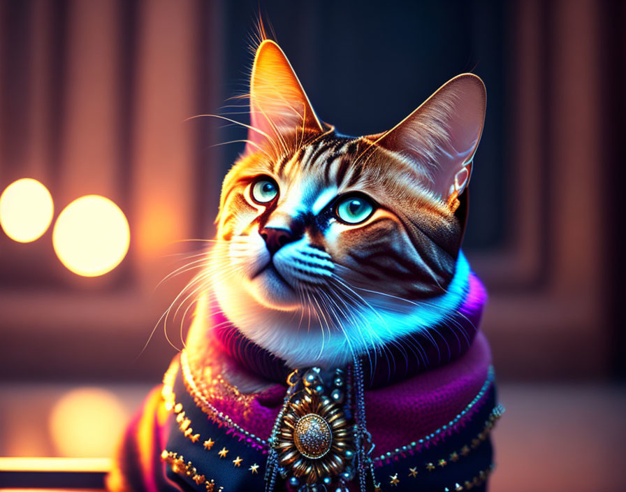 Stylized image of cat in ornate jacket and scarf with warm light and soft bokeh