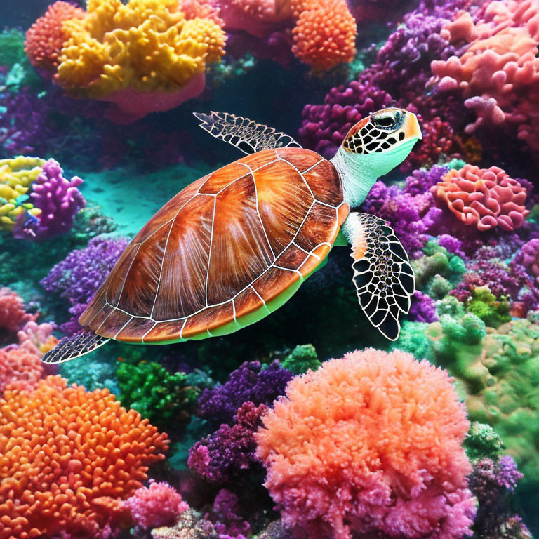 Colorful Sea Turtle Swimming Above Vibrant Coral Reef