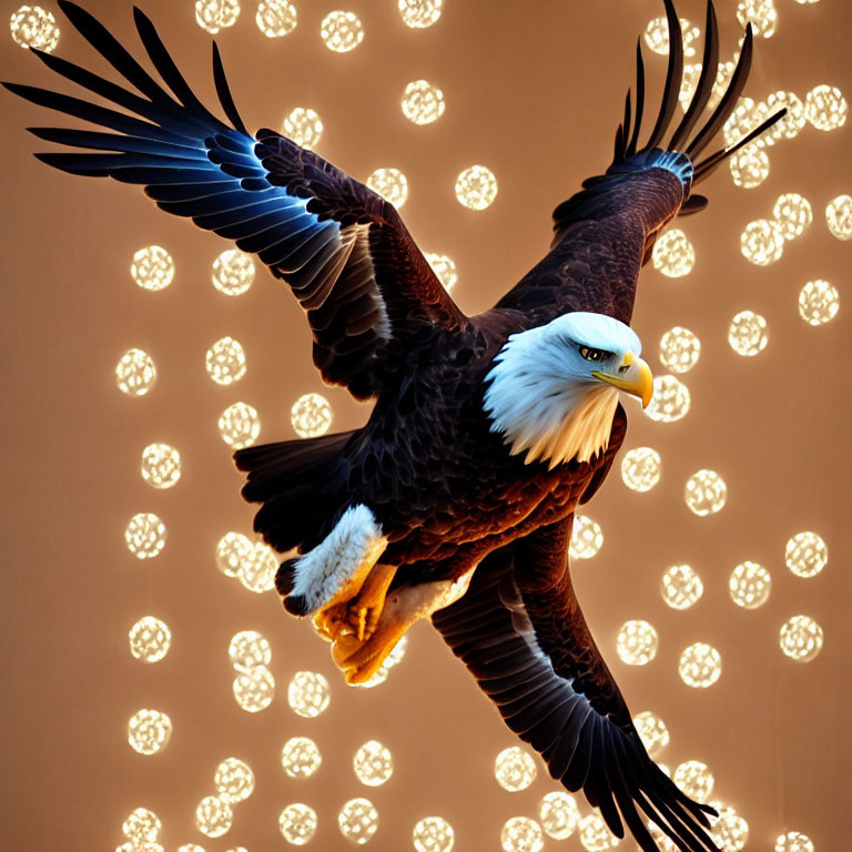 Majestic bald eagle soaring with spread wings and talons poised