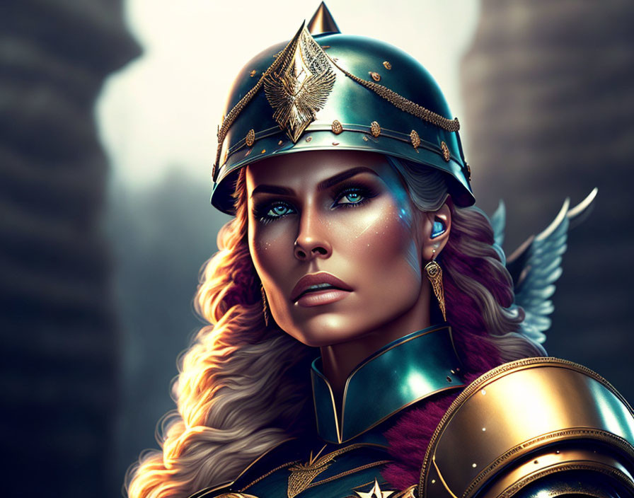 Digital artwork: Woman with blue eyes in fantasy armor with feather accents