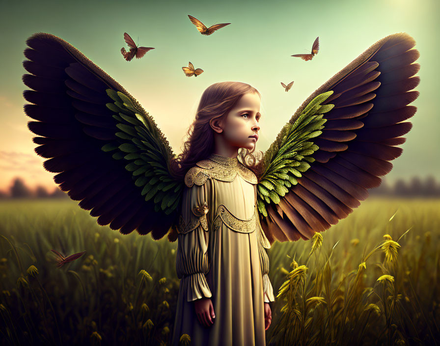 Young girl with majestic bird wings in field at sunset with fluttering butterflies