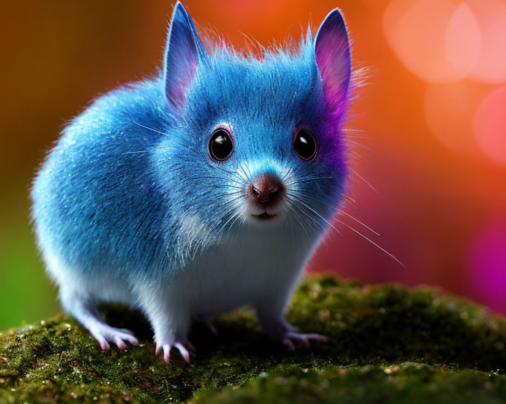 Blue Mouse-Like Creature with Shiny Eyes on Mossy Surface